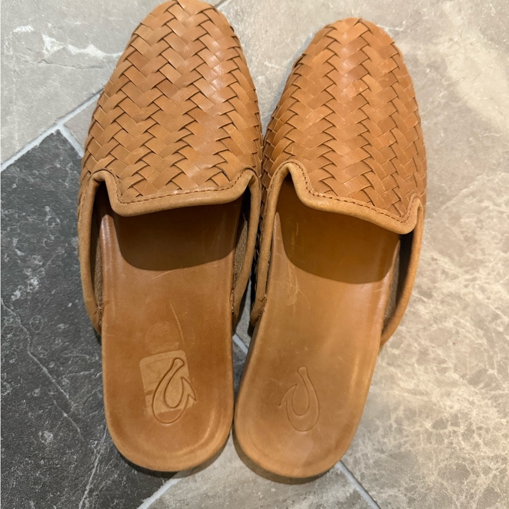 Olukai Mii Leather Mule Brown Woven Womens Size 8.5 Slip On Sandals